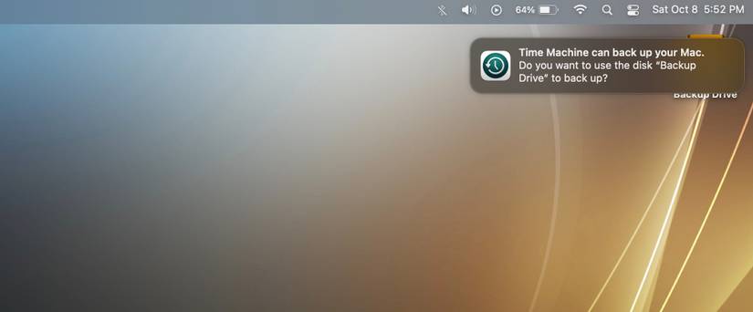 Time Machine back up drive notification
