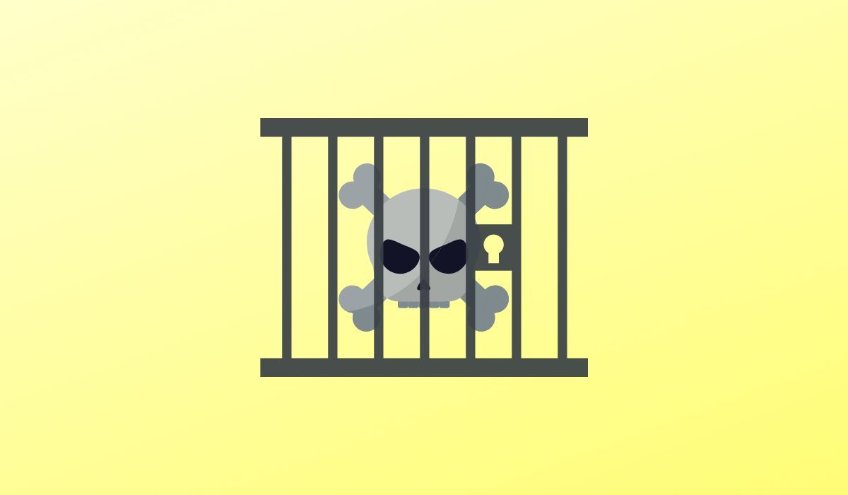Graphic illustration of a skull is seen behind bars on yellow background