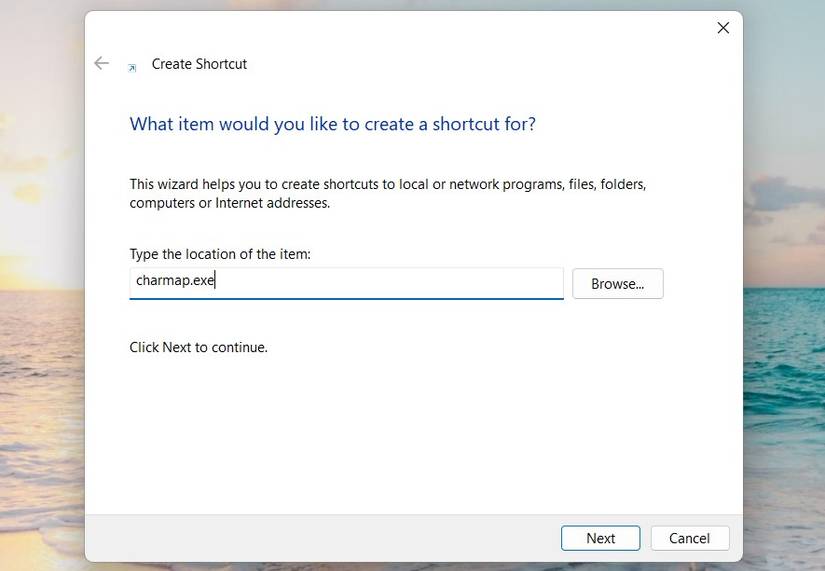 Create Desktop Shortcut of Character Map