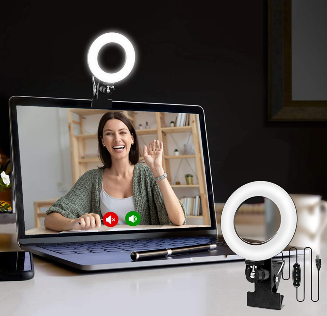 A shot of a Cyezcor Clip-On Ring Light clipped onto a laptop