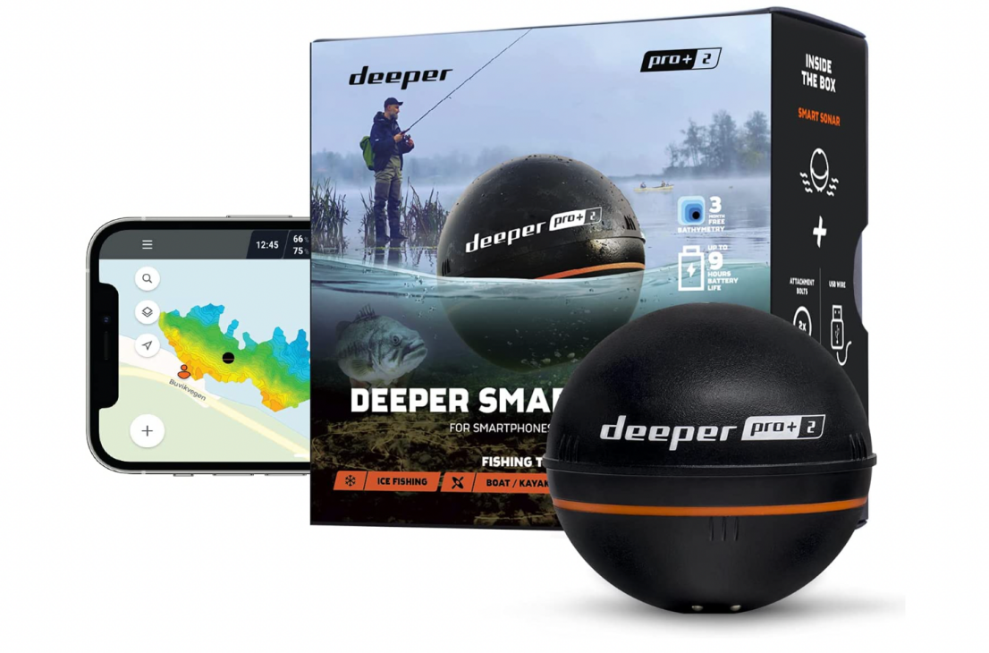 A shot of a Deeper Pro+ 2 Sonar Fishfinder next to its packaging and a smartphone