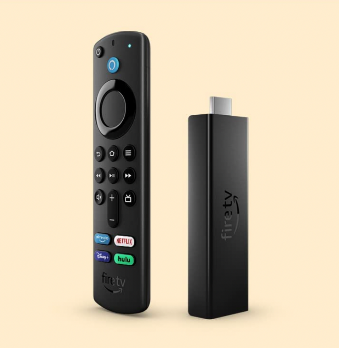 A full shot of a Fire TV Stick 4K Max and the remote control