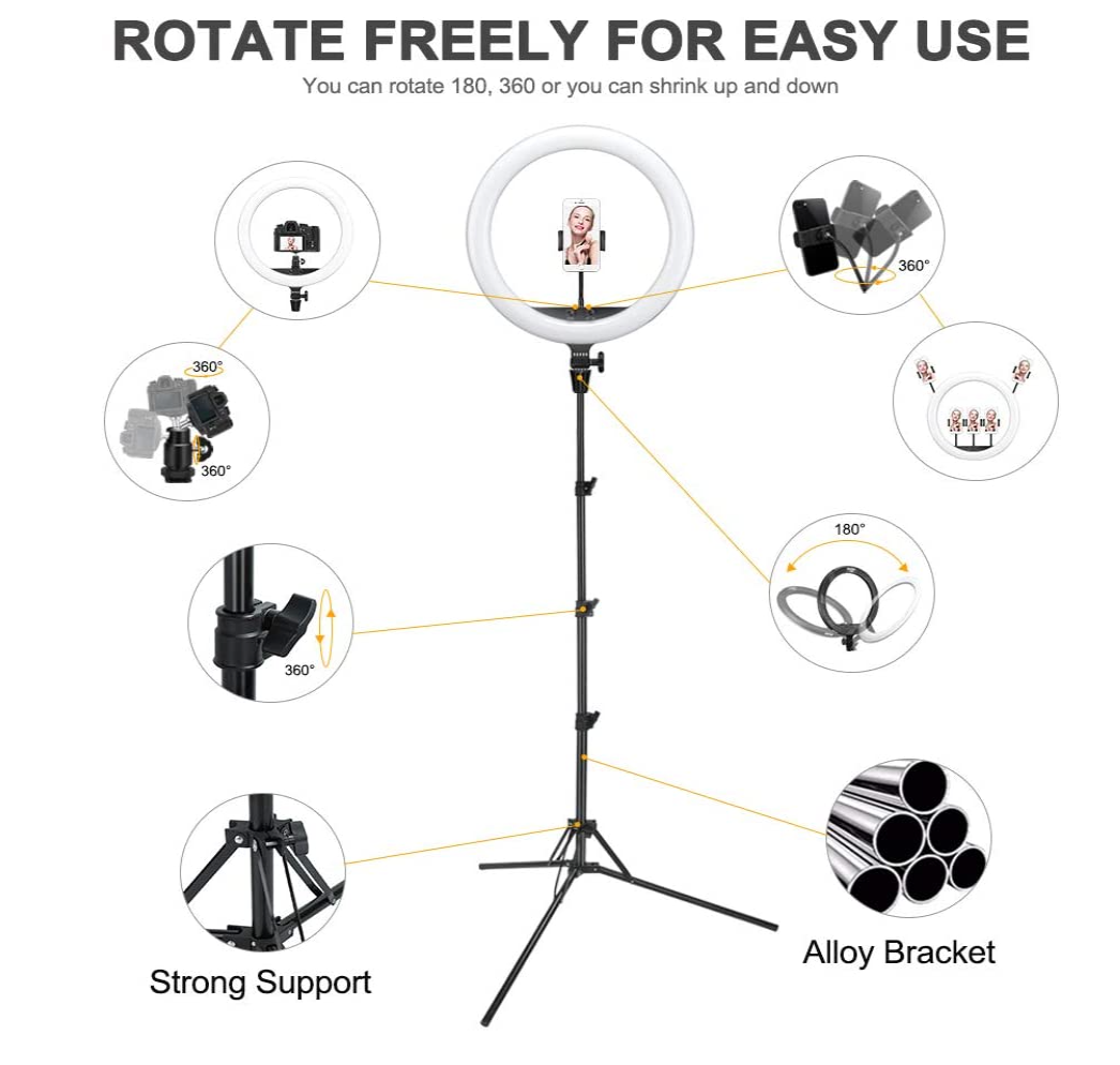 A Godox LR150 18-inch LED Ring Light tripod with all its features illustrated