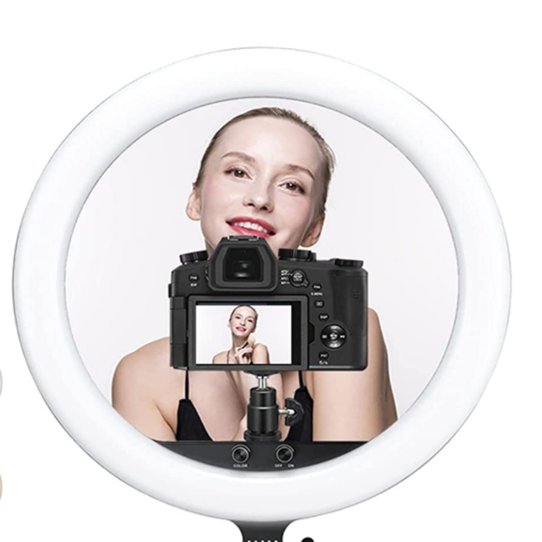 An image showing the Godox LR150 18-inch LED Ring Light with a mounted camera recording a woman