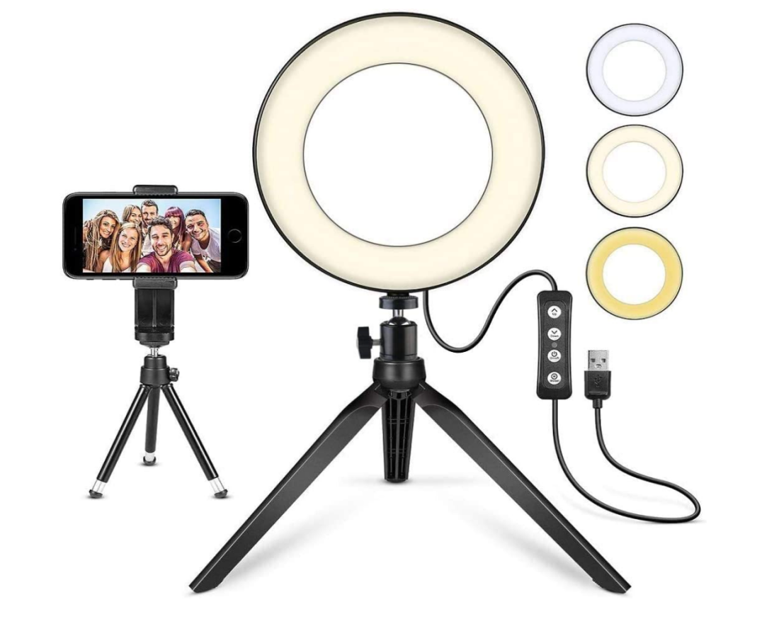 A Mactrem 6-Inch LED Ring Light with all its acessories