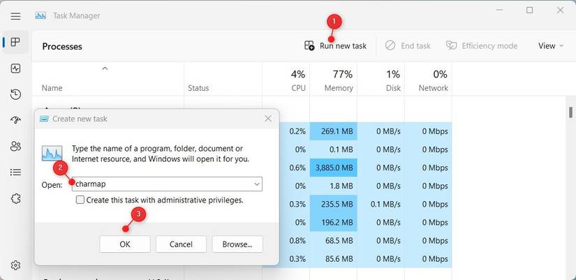 Open Character Map Using Task Manager.