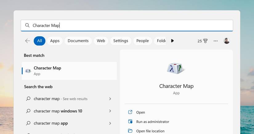 Open Character Map Using the Search Tool