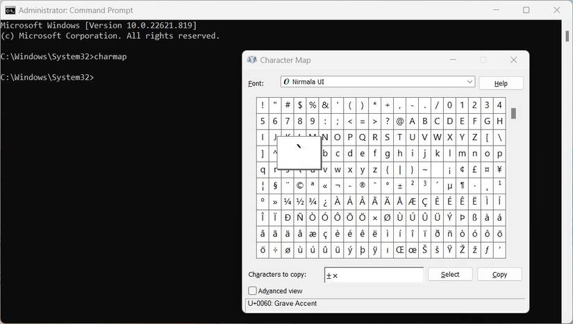 Open Character Map by running Command line