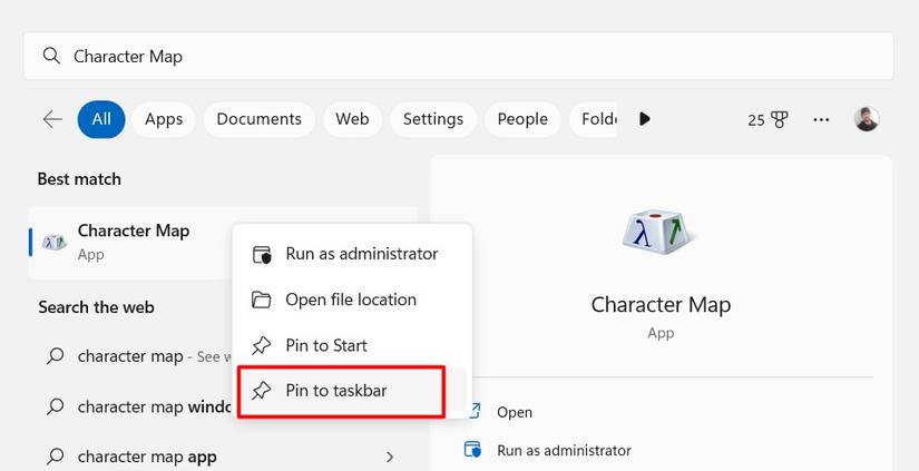Pin Character Map to taskbar