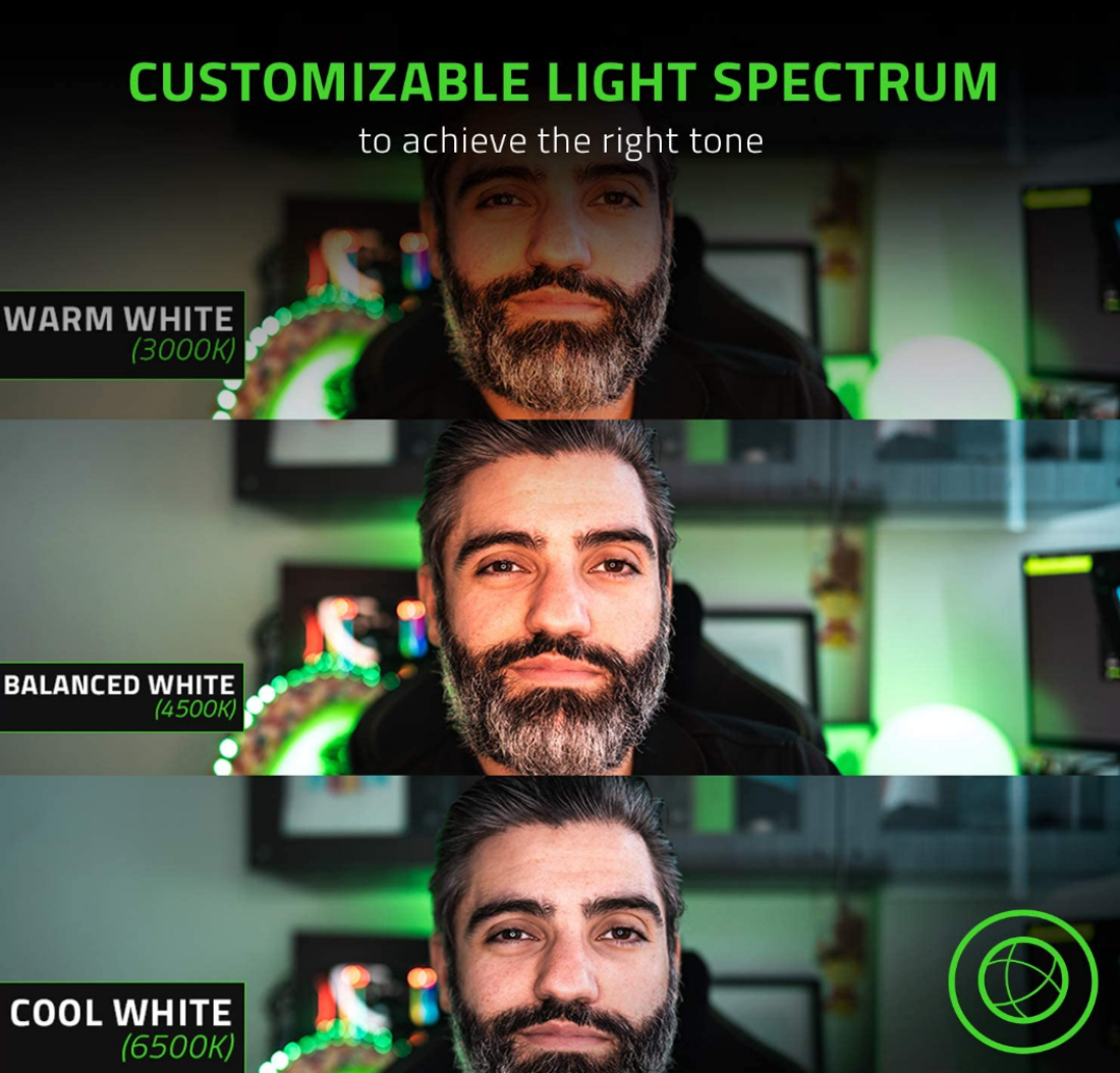 Three images of a man illustrating the Razer 12-Inch Ring Light's color temperatures