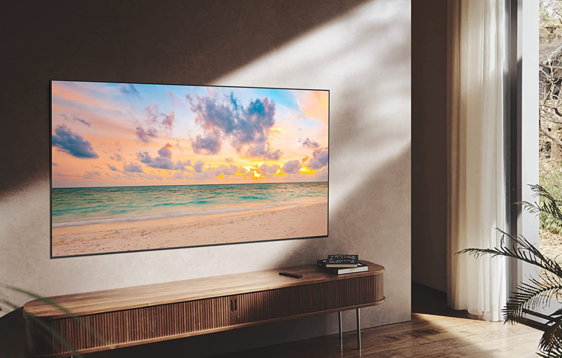 A shot of a Samsung QN90B Neo QLED 85-Inch TV mounted on a wall