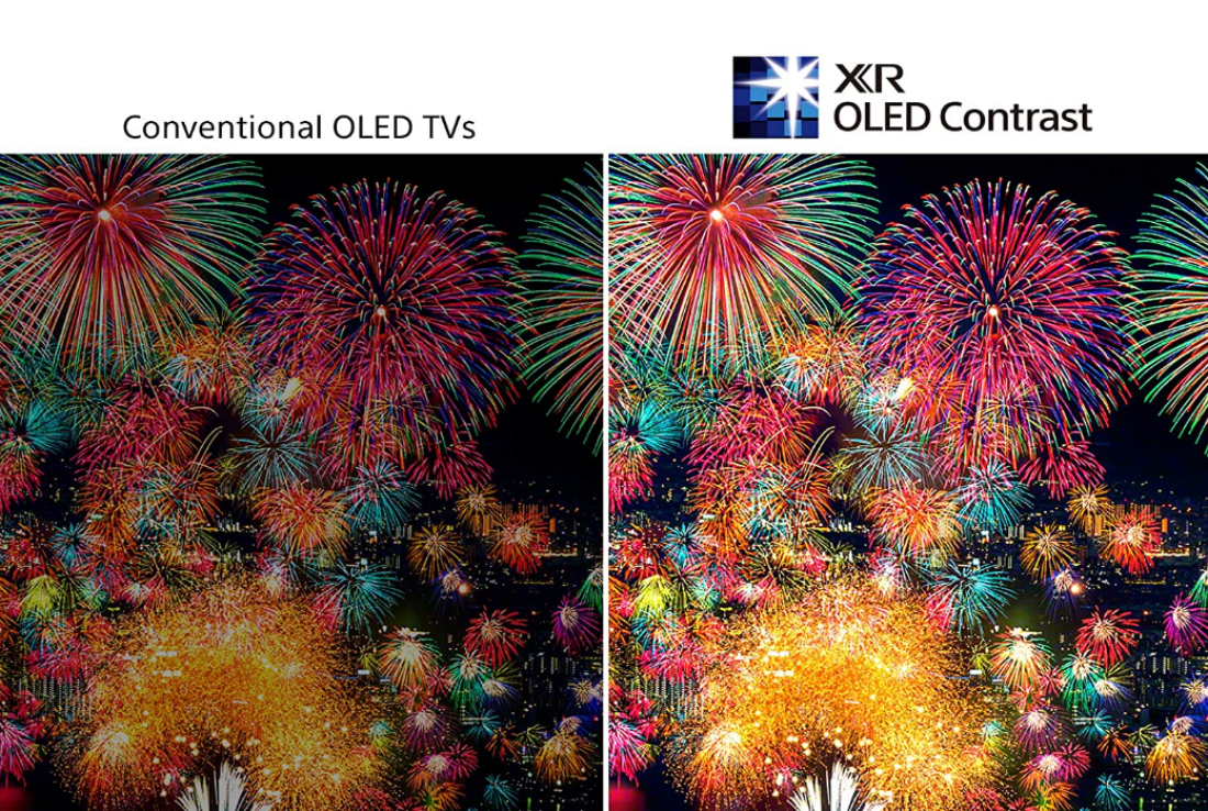 A shot of fireworks comparing the Sony Bravia A80J OLED 65-Inch TV's contrast