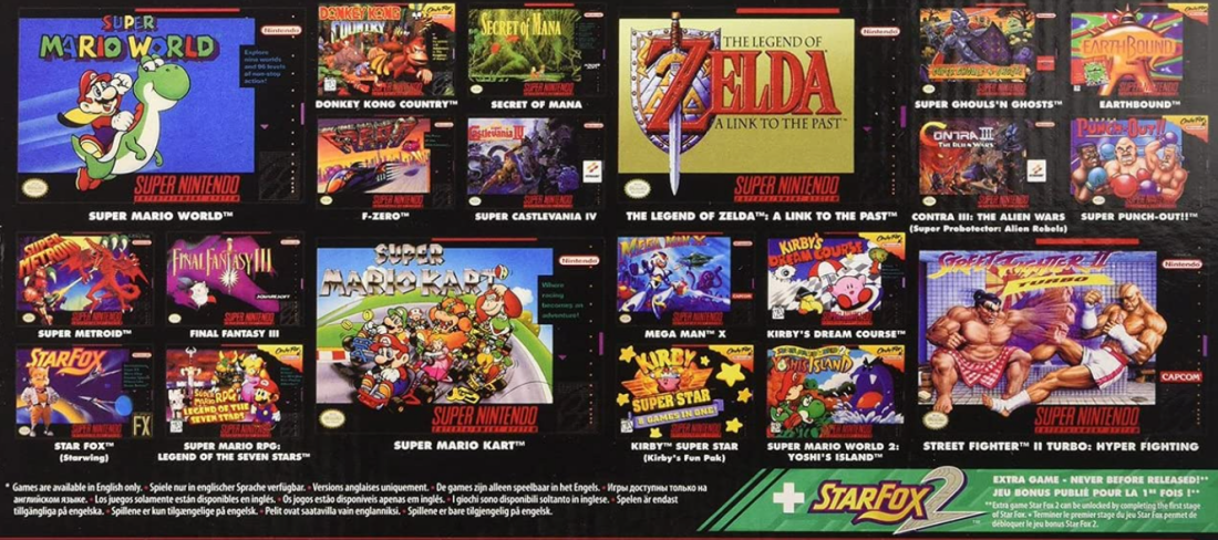 A shot showing the available games for the Super Nintendo Entertainment System