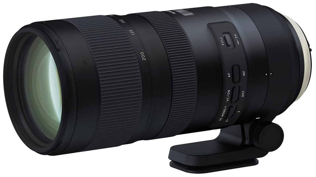 A full shot of a Tamron SP 70-200mm f2.8 Di VC USD G2 lens with tripod mount