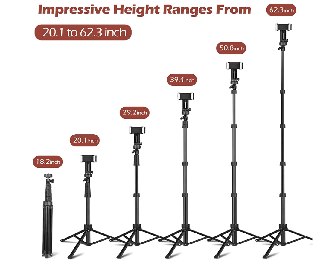 An image showing six Ubeesize 12-Inch Ring Light tripods illustrating their various height capabilities