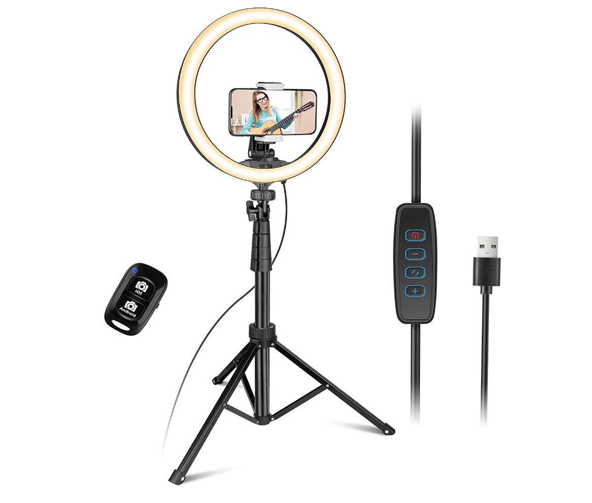 A Ubeesize 12-Inch Ring Light with mounted smartphone and accessories