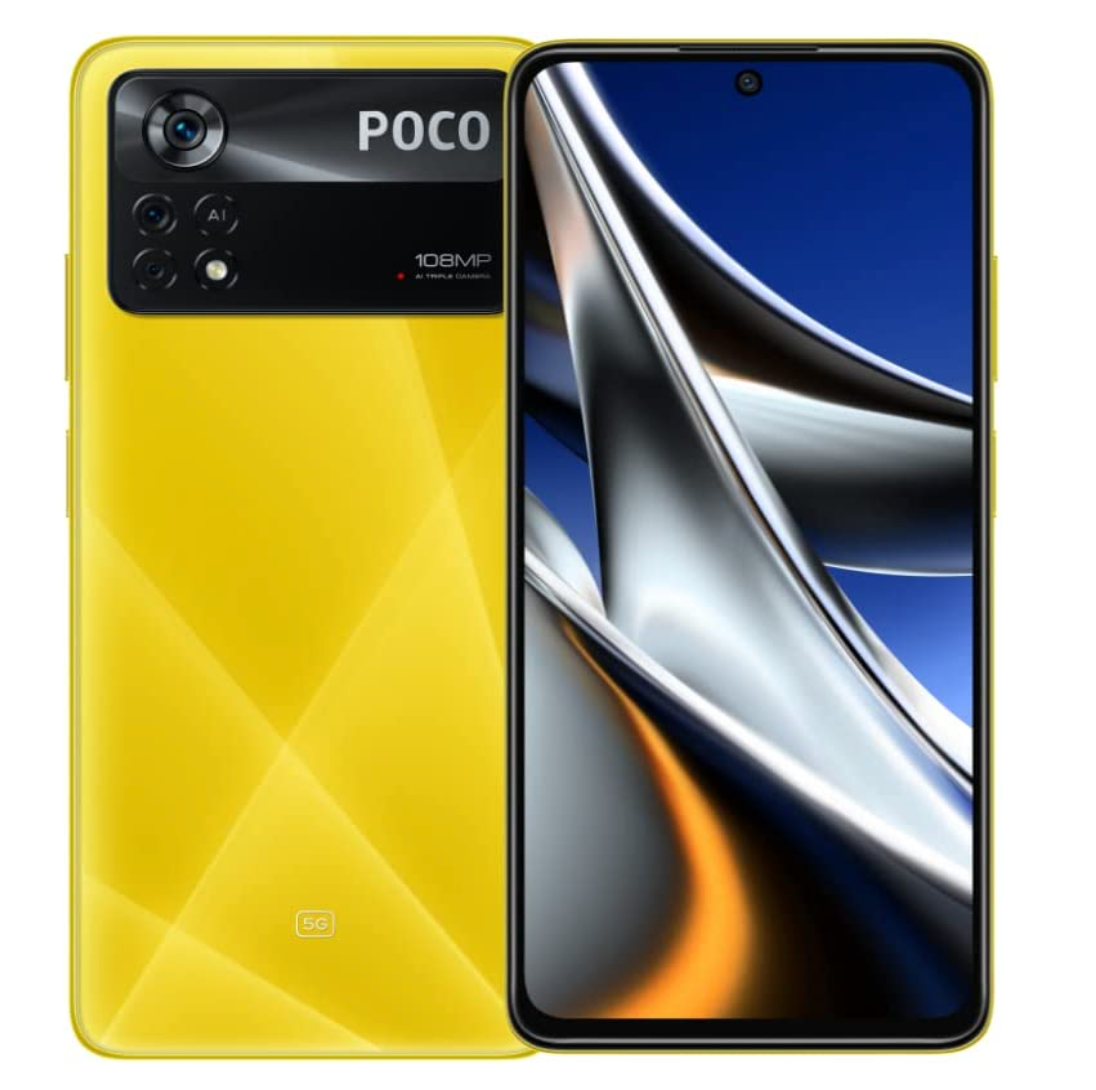 تصویری که نمایشگر گوشی هوشمند Xiaomi Poco X4 Pro 5G را در کنار گوشی دیگری که رنگ زرد رنگ پشتی را نشان می دهد نشان می دهد.