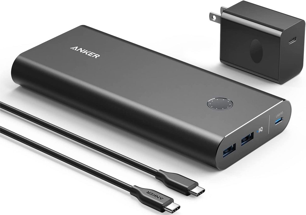 anker powercore+ power bank alongisde USB-C and charger box