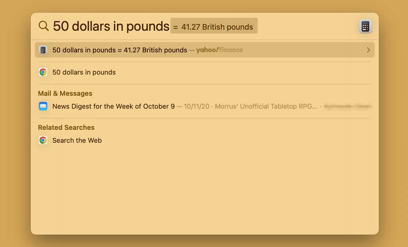 Converting currencies on Spotlight search