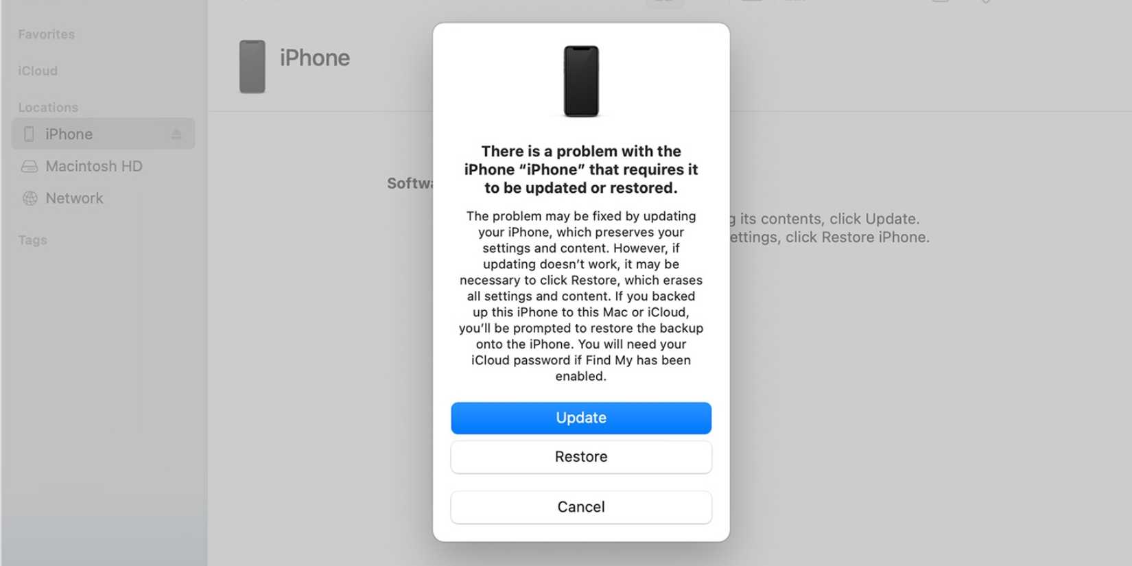 A pop up that appears when a Mac discovers an iPhone in recovery mode