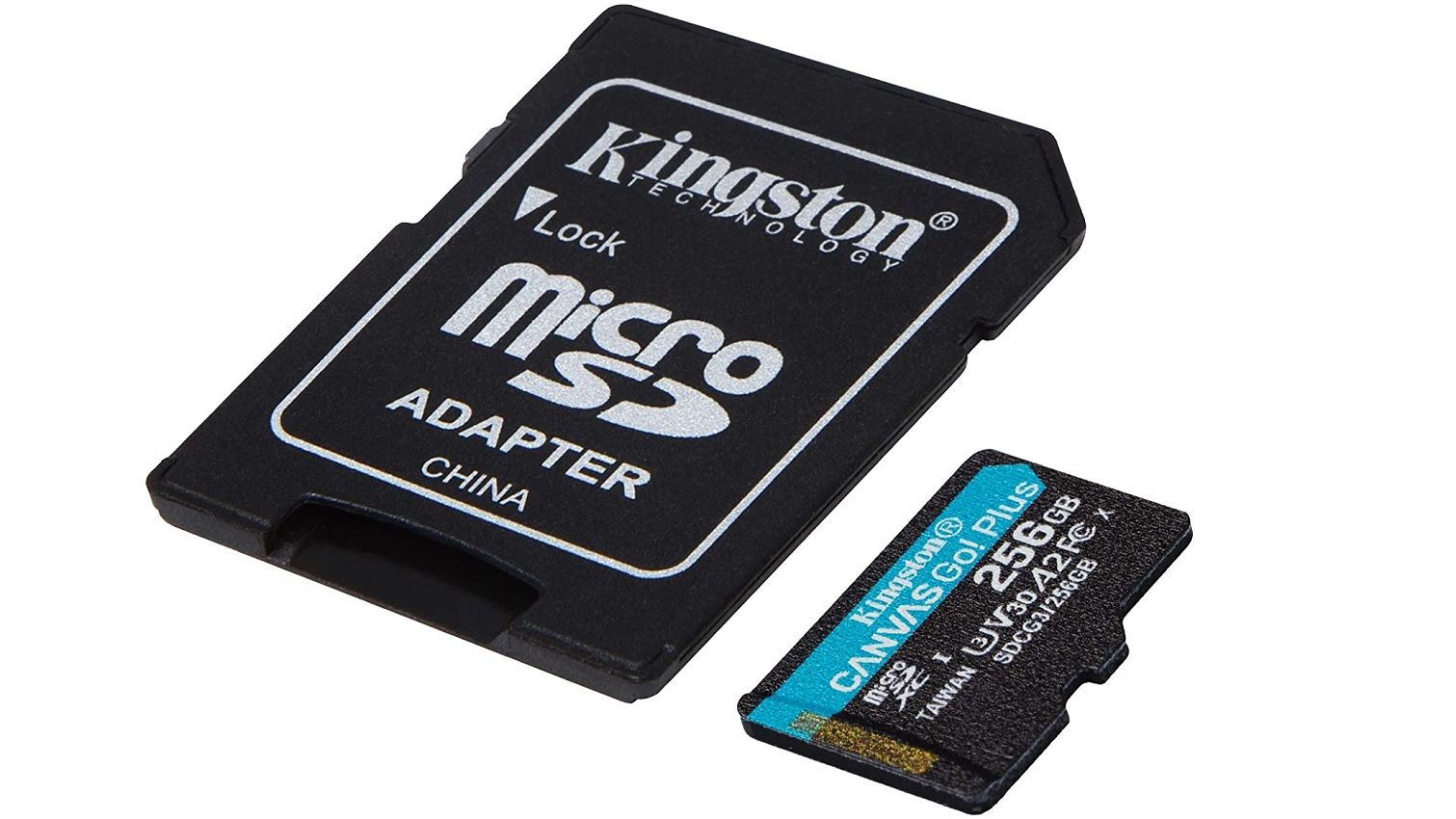 kingston canvas go plus microsd card lying next to an sd adapter