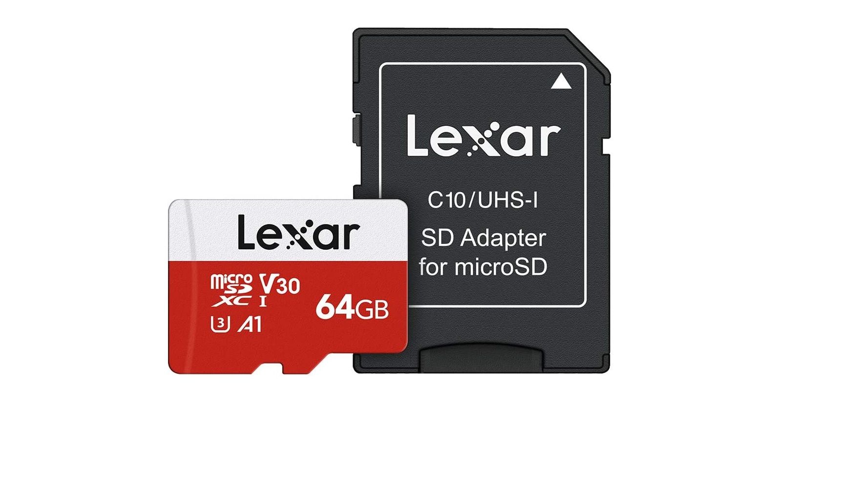 lexar 64gb microsd card alongside an sd card adapter