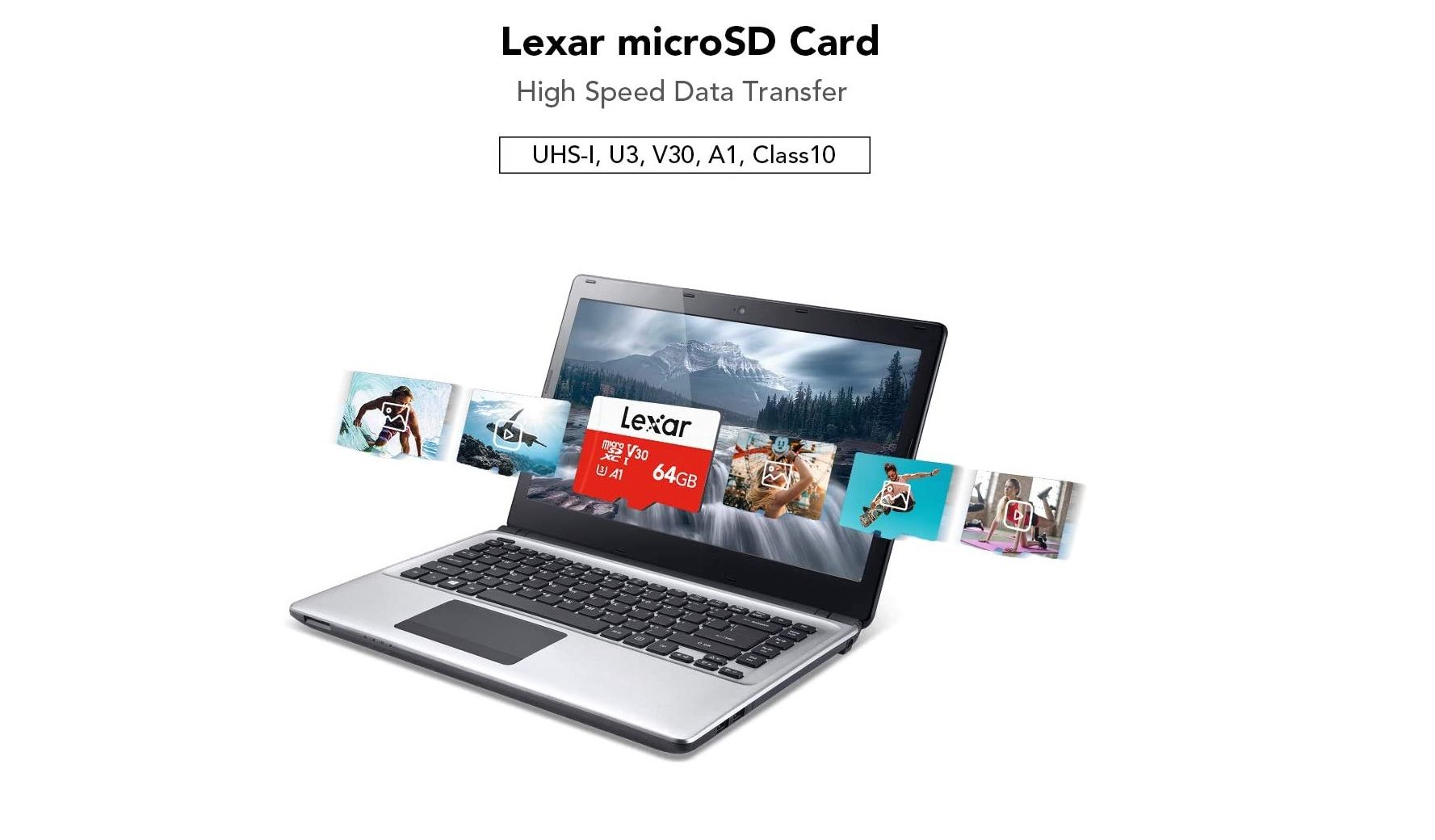lexar 64gb microsd card with a laptop and images in the background