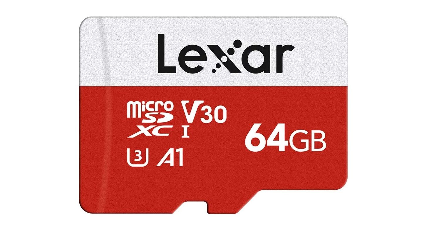 lexar 64gb microsd card featuring red and white coloring