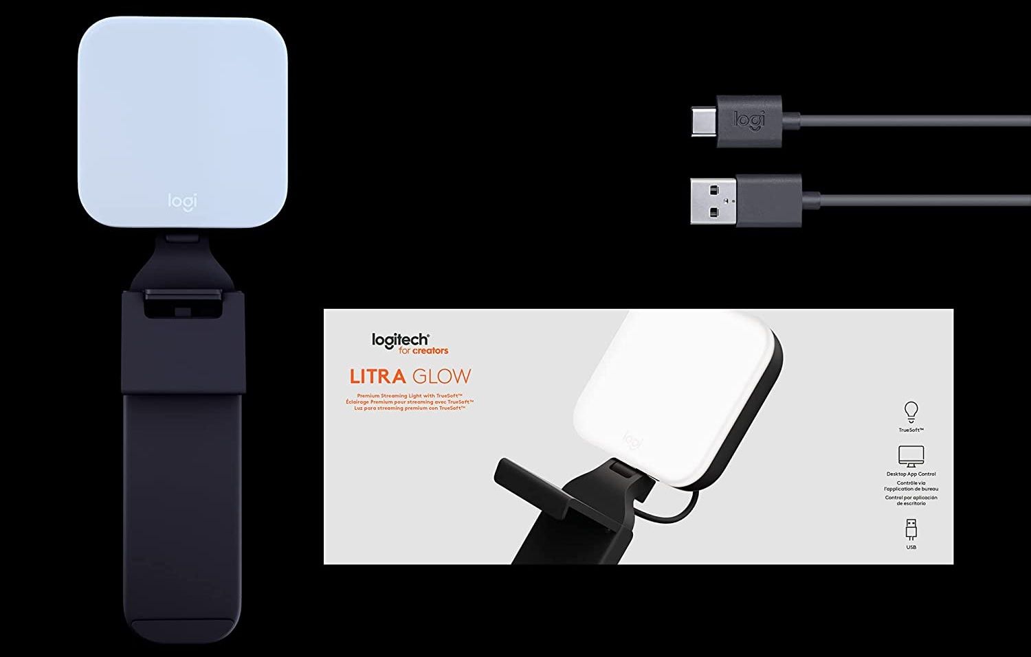 logitech litra glow next to usb-c cable and product manual