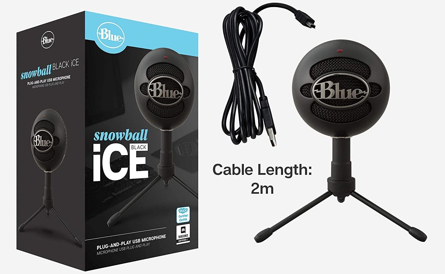 logitech snowball ice microphone with a usb cable and product box