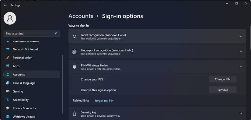 Windows log in settings