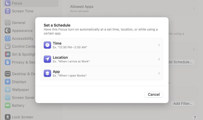 Screenshot of set a schedule