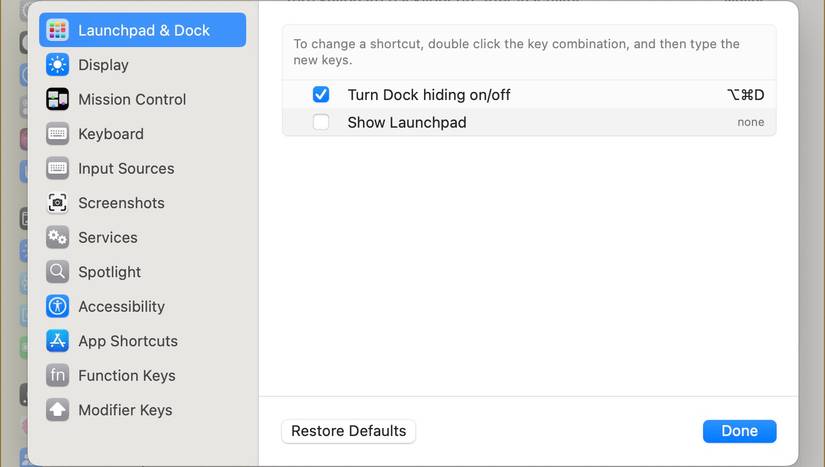Screenshot of the keyboard shortcut menu