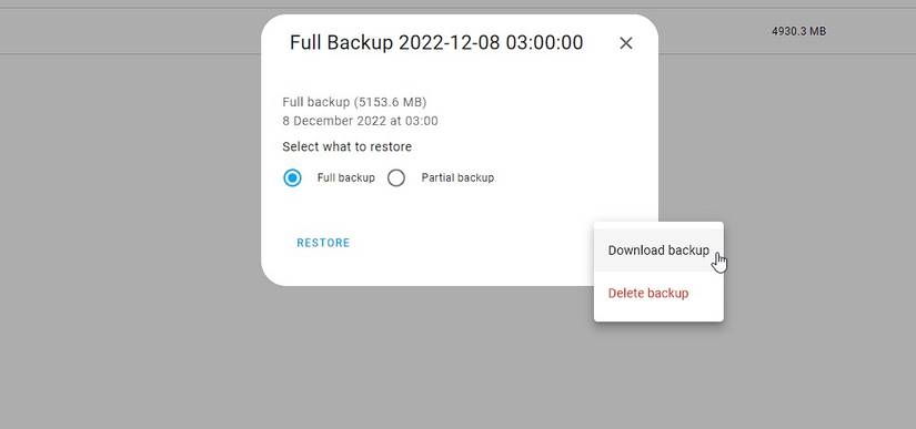 download the home assistant server backup to local storage