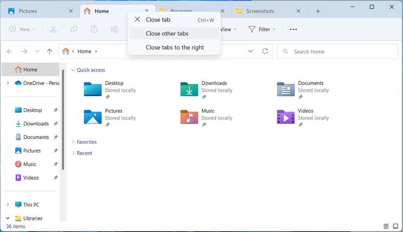 menu to close tabs in Windows 11 File Explorer