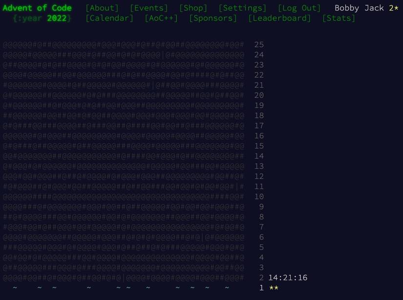 The Advent of Code 2022 website shows basic text navigation above a list of daily challenge links