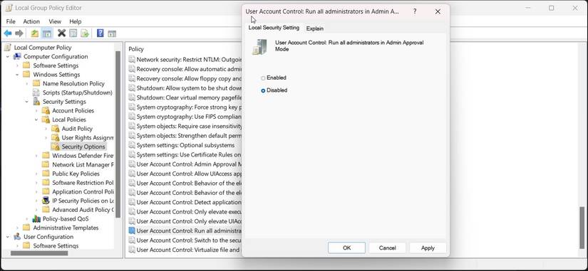 group policy editor user account control disabled