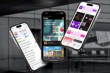 Three iPhones running the App Store, Cydia, and AltStore in front of black and white Apple store