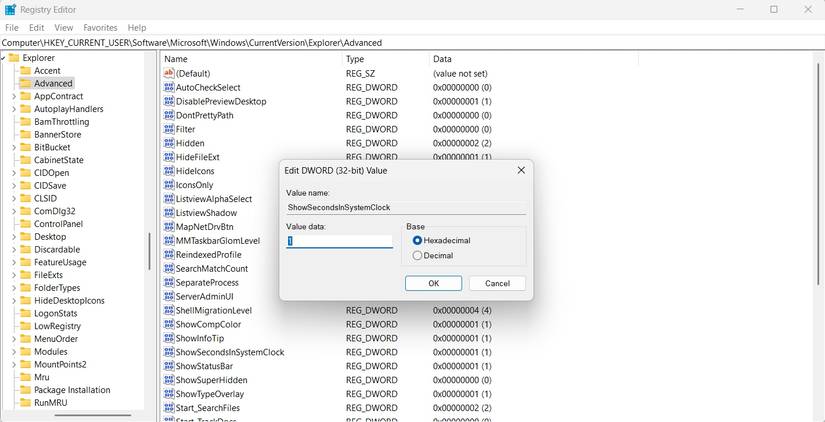 Registry Value to Enable Seconds in the registry editor