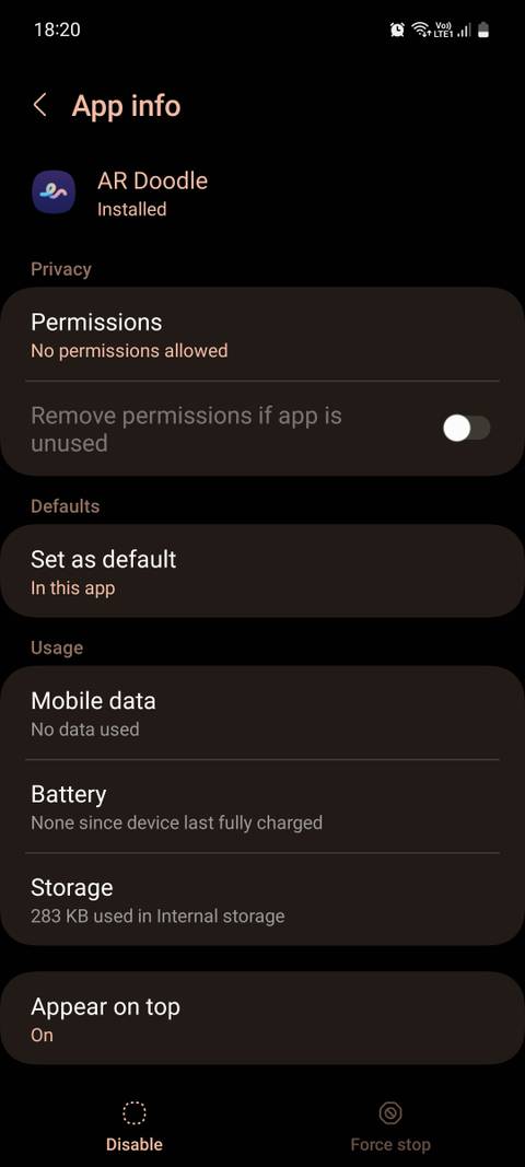 Samsung One UI App info page of AR Doodle