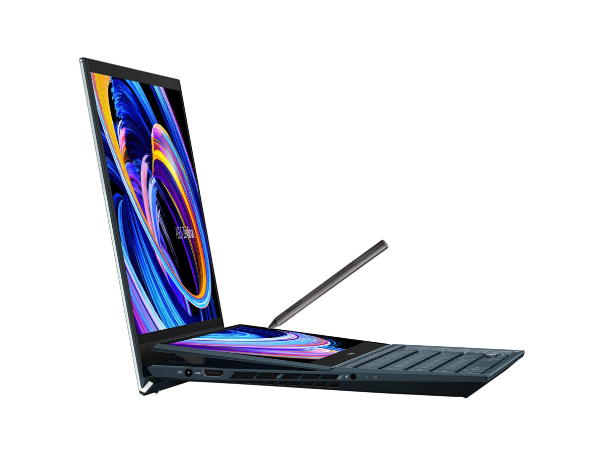 An image showing the ASUS ZenBook Pro Duo 15 OLED's ScreenPad and stylus