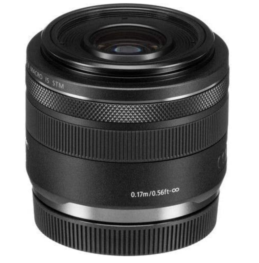 لنز Canon RF35mm F1.8 یک لنز ماکرو STM است که به صورت عمودی ایستاده است