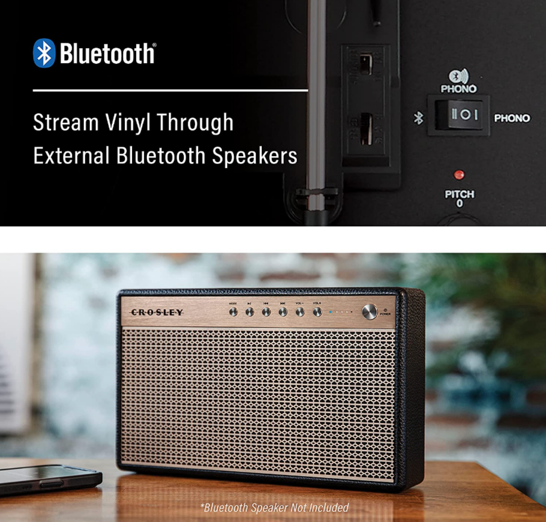 Une image montrant la capacité de sortie Bluetooth du tourne-disque portable Crosley Voyage.