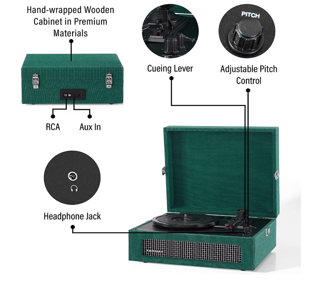 Une image montrant les caractéristiques du tourne-disque portable Crosley Voyage.