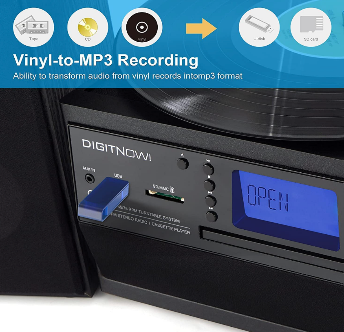 Une image montrant la capacité d'enregistrement de vinyle à MP3 de la Digitnow Bluetooth Turntable avec haut-parleurs stéréo.
