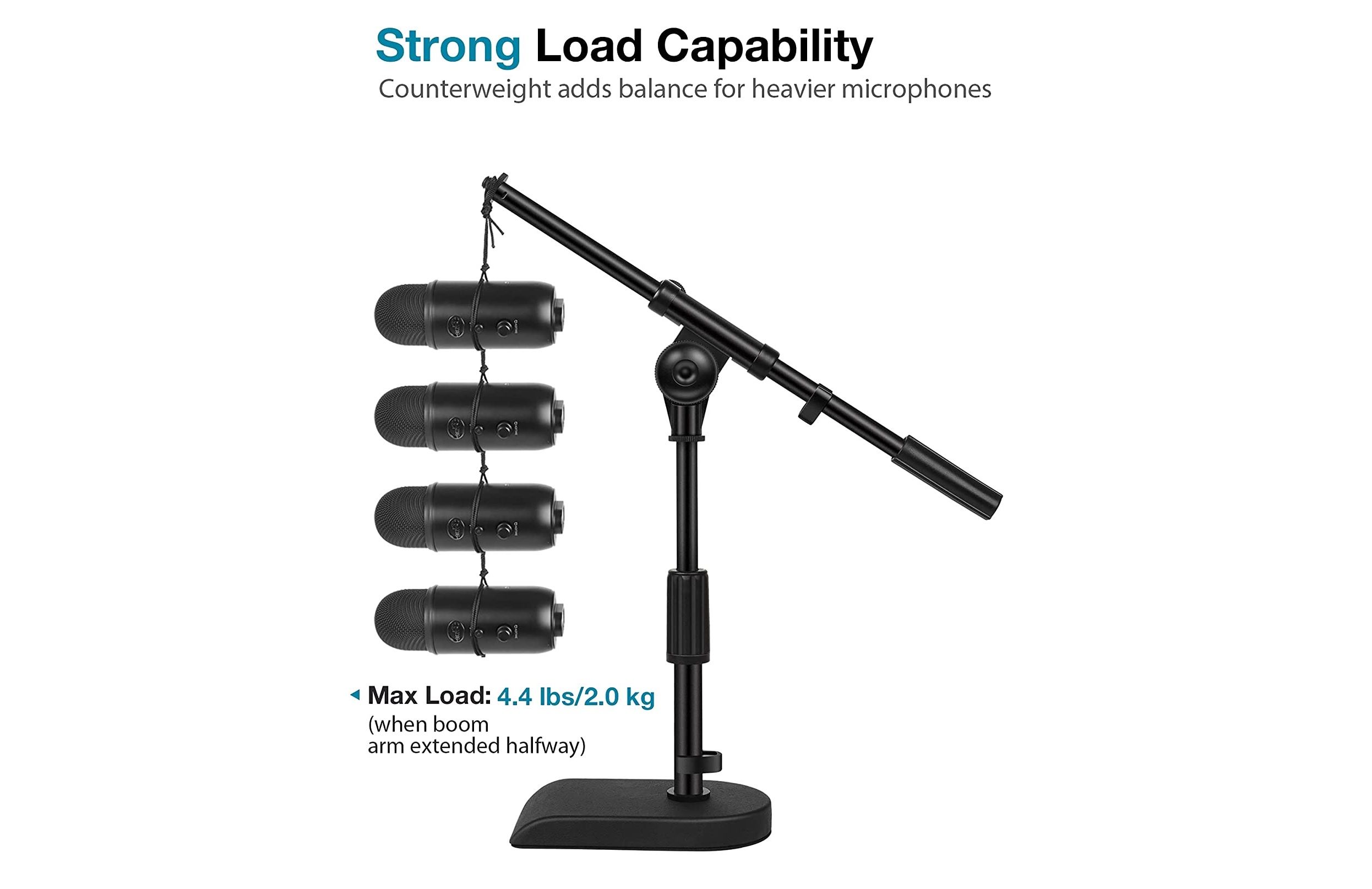 the innogear adjustable microphone stand bearing the weight of four microphones