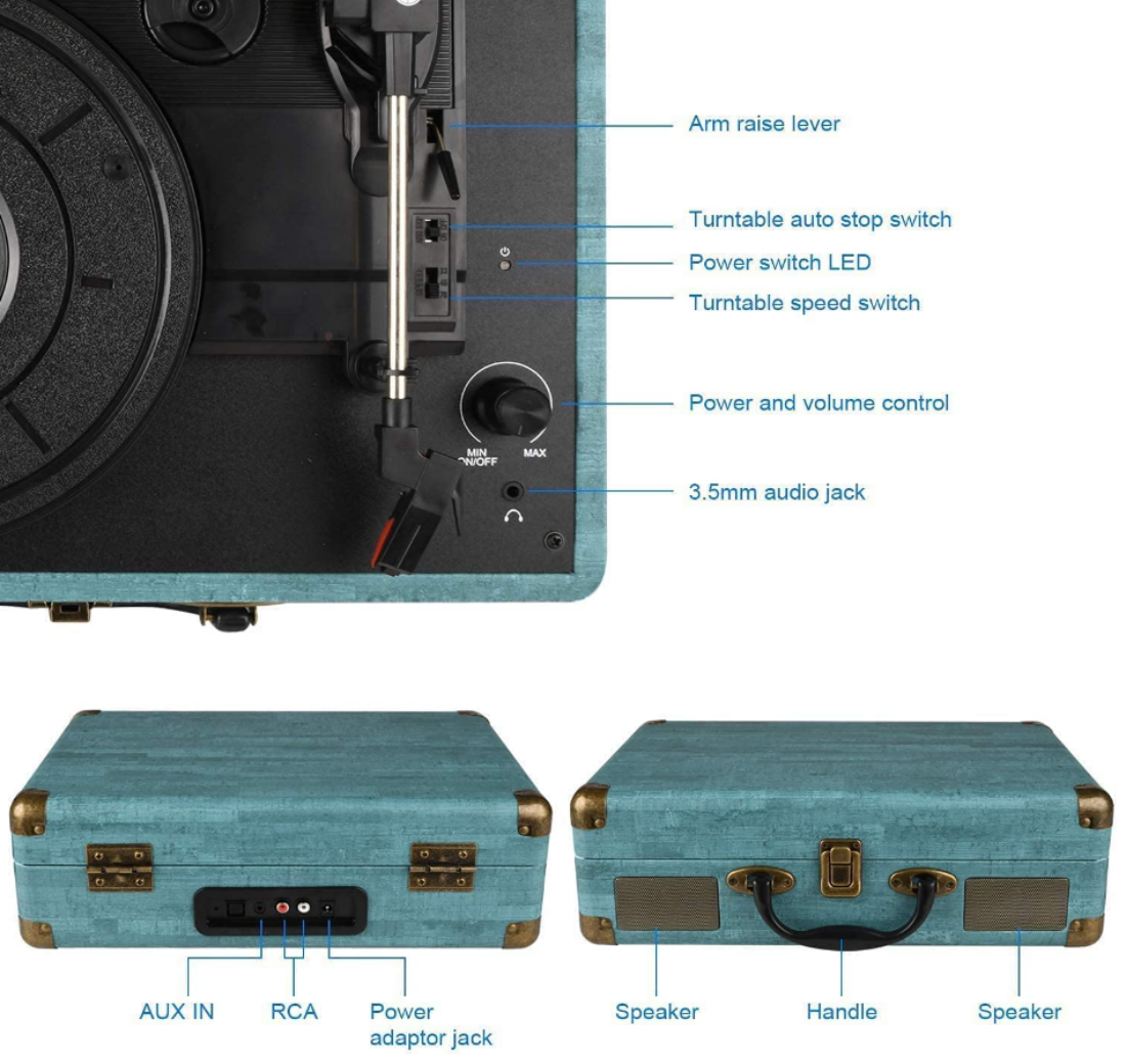 Une image illustrant les caractéristiques du Kedok Suitcase Record Player.