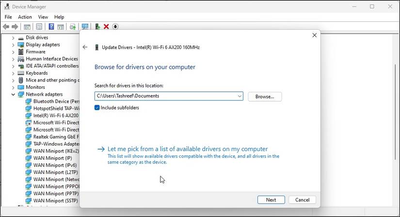 let me pick driver from list available drivers on my computer
