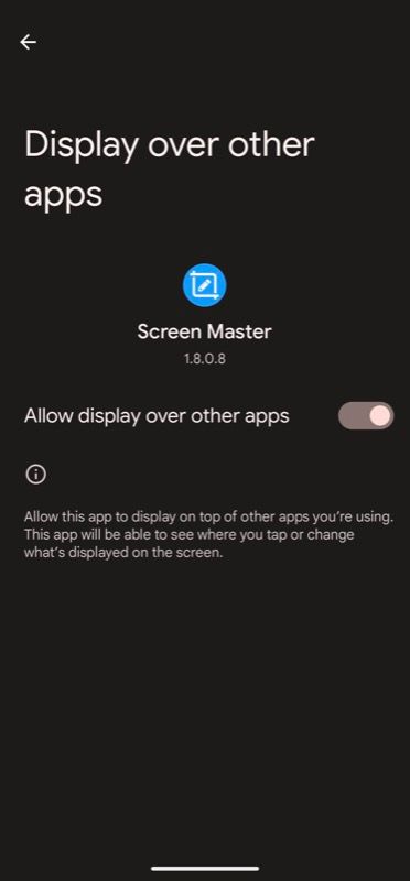 enabling draw over other apps settings for screen master