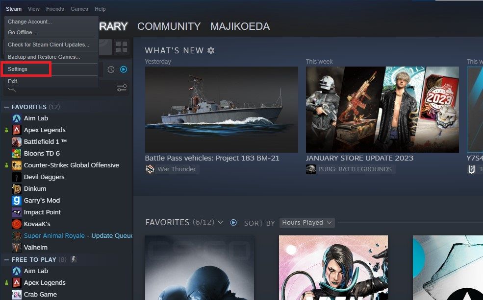 Déroulement des paramètres de Steam